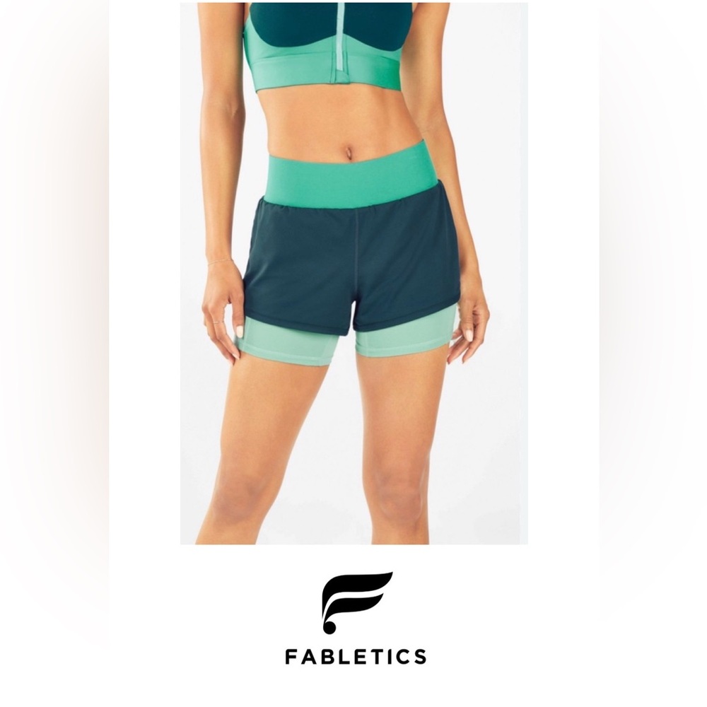 Fabletics 3 Pc Bundle, Turquoise Bali Olesia Shorts and No-Bounce Sports bra, ML